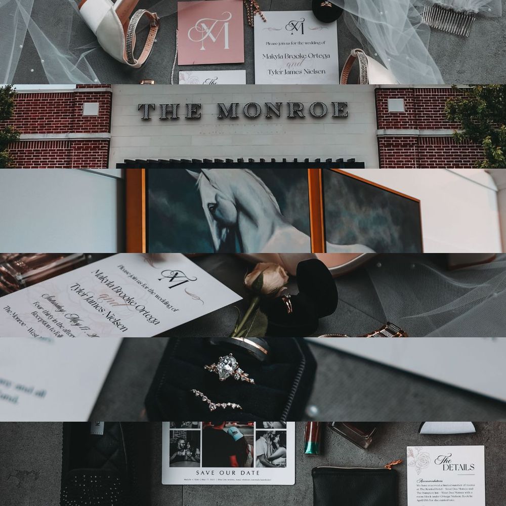 A collage of black and white photos and papers featuring The Monroe signage and various printed materials.