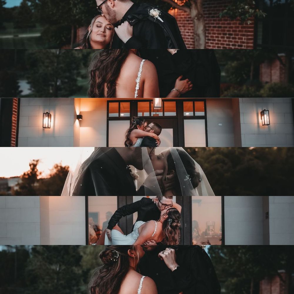 A romantic couple shares tender moments in a moody setting with dramatic lighting and intimate poses at dusk.
