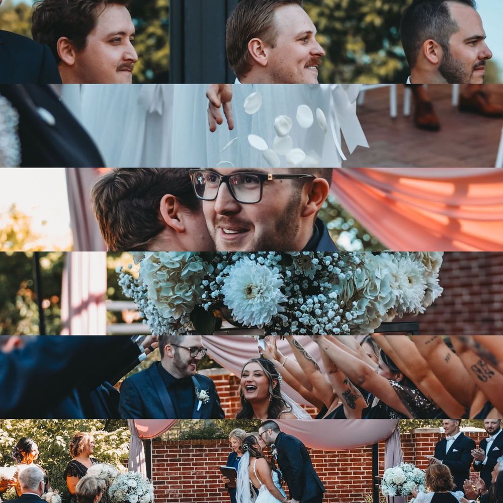 Guests laugh and enjoy drinks together during an outdoor celebration at a brick venue in warm afternoon light.