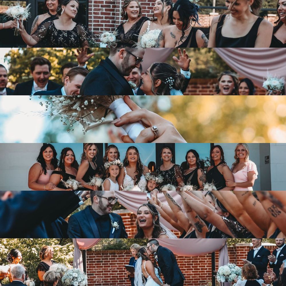 Collage of candid moments from an outdoor celebration event with guests enjoying festivities near a brick building.