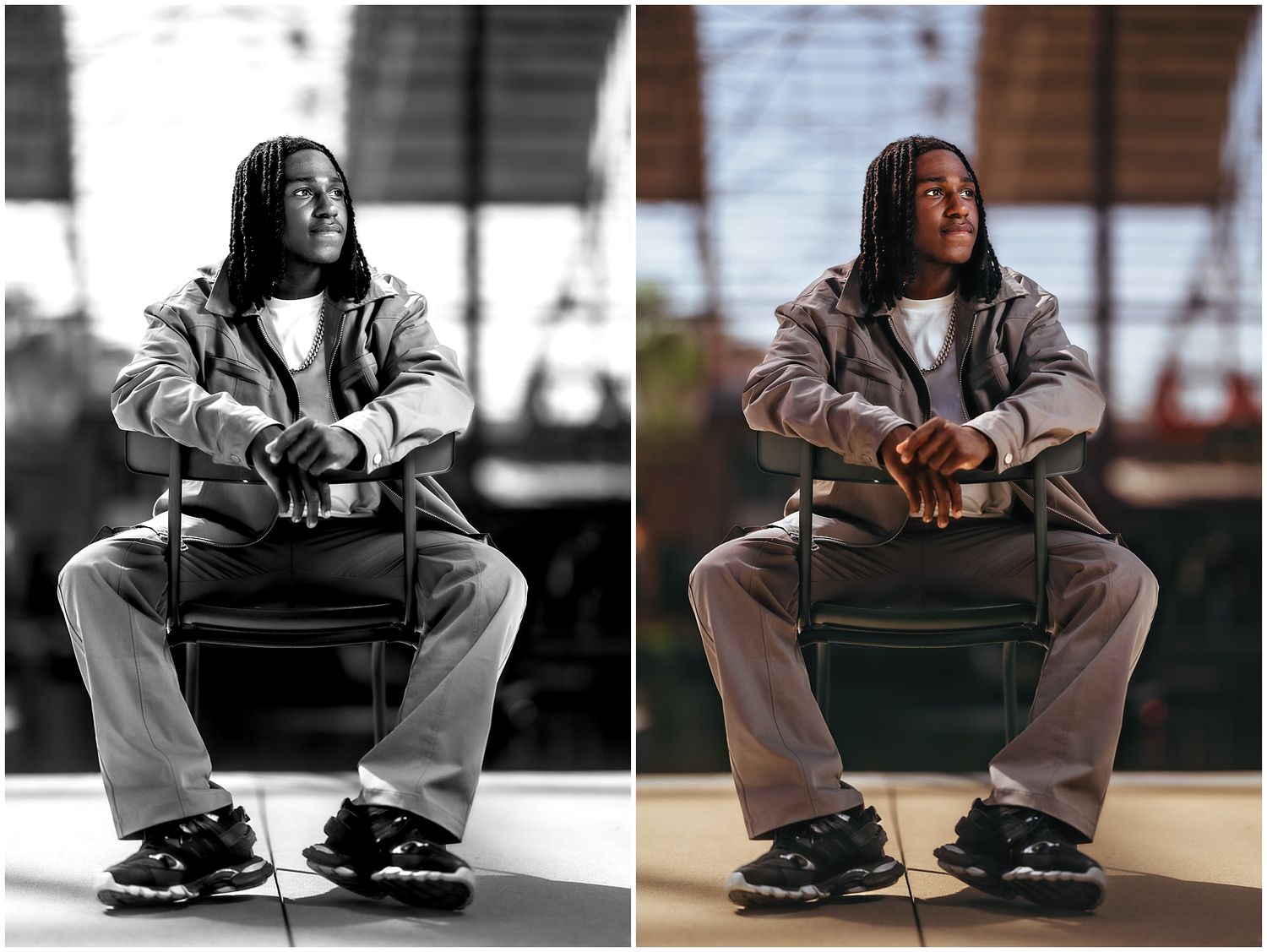 Side by side black and white and color photos show a person sitting casually on gym equipment wearing baggy clothes and sneakers.