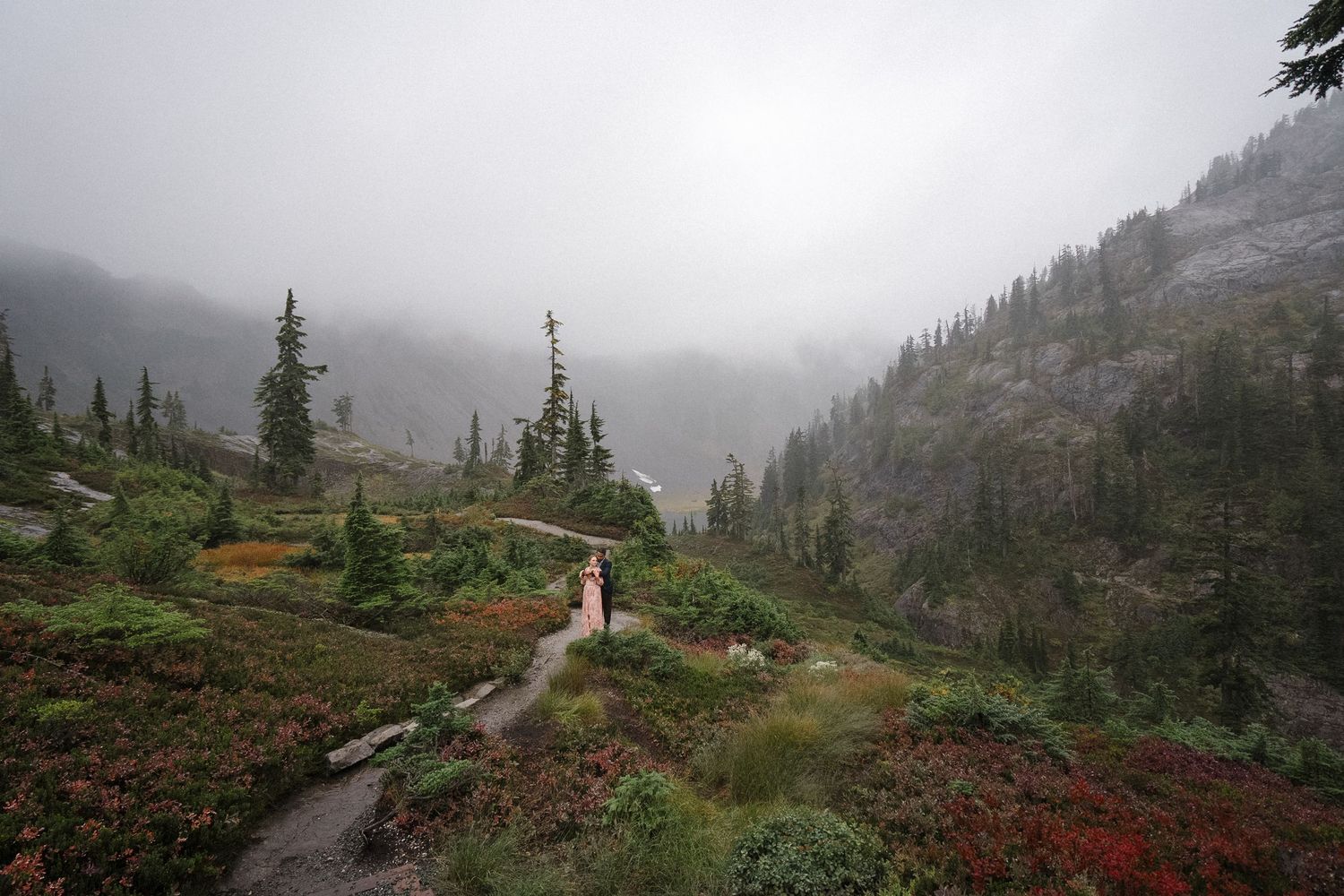 Two hikers traverse a misty mountain trail surrounded by evergreen trees and alpine scenery in foggy conditions.