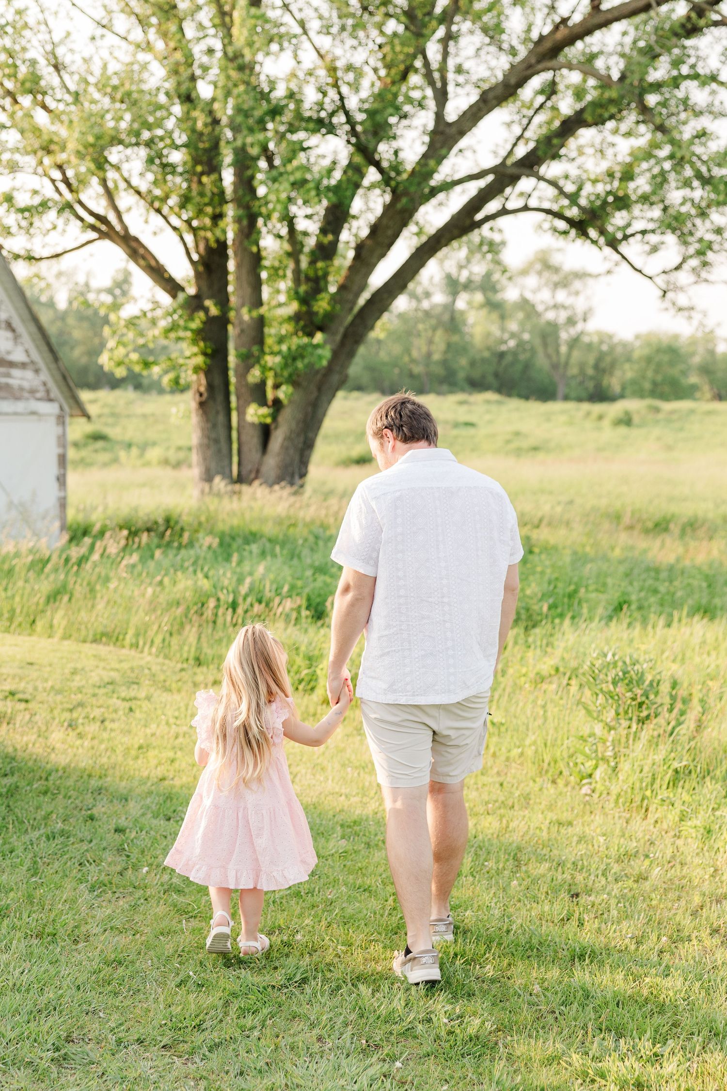 Parent and child walk hand in hand through a sunlit field with tall grass and trees in warm summer light.