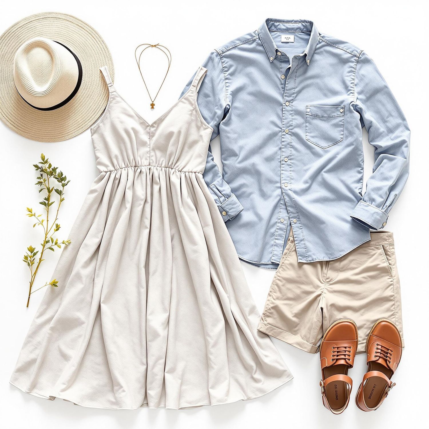 Neutral colored outfit flatlay with white dress, blue button down shirt, brown sandals, beige hat and delicate floral sprig.
