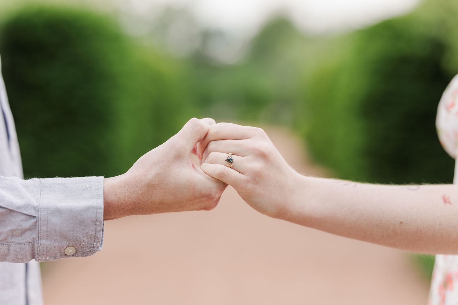 Two people join hands together in a tender moment outdoors with green foliage in the background at Cantigny Park