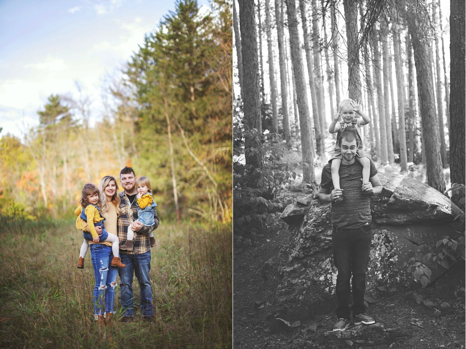 People standing together outdoors in an autumn forest scene, shown in color and black and white split photos. Superior Family Photographer