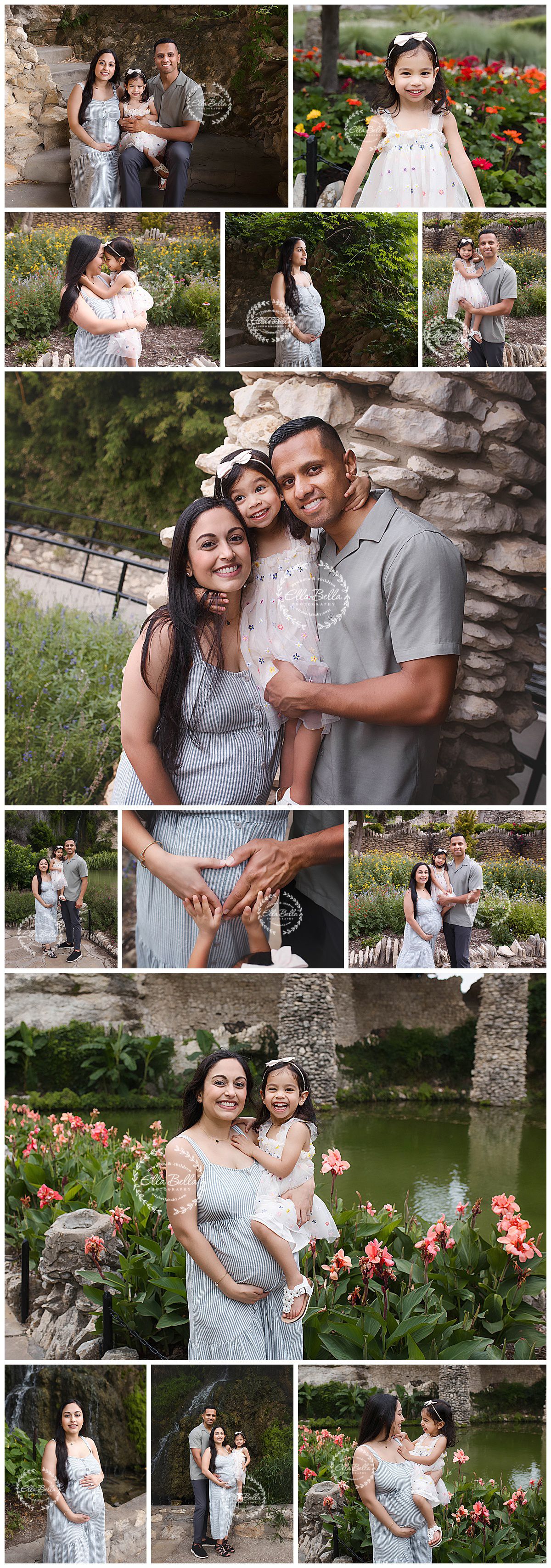 A family photo session in a garden setting with stone walls, flowers, and a pond, featuring coordinated light blue and white outfits.