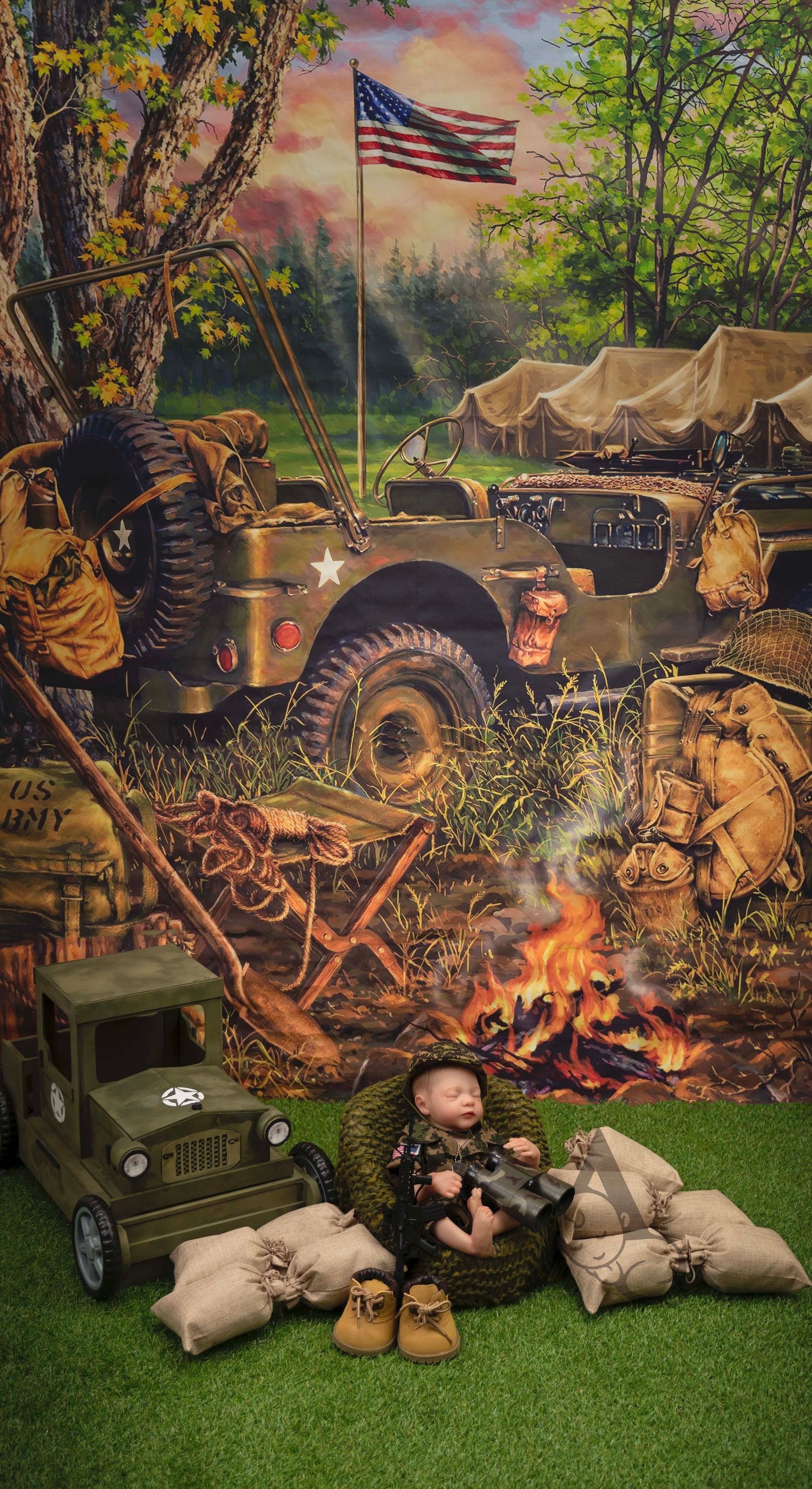 Military camp scene with jeeps, American flag, and campfire in forest setting at sunset.