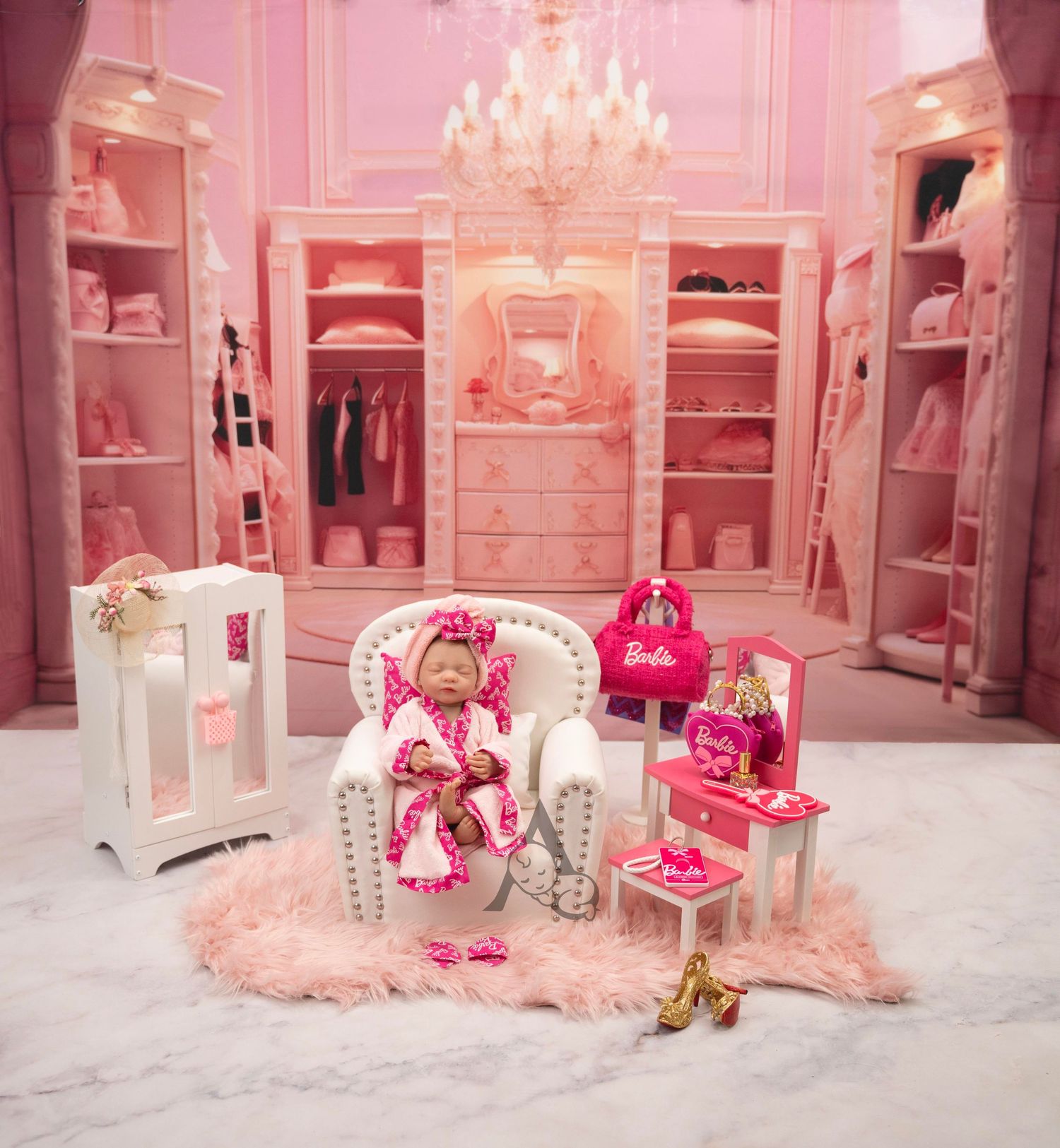Luxurious pink walk-in closet with chandelier, plush rug, and Barbie-themed fashion accessories.