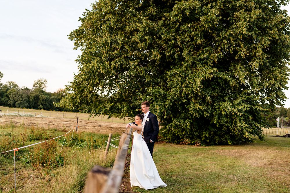 A wedding couple embraces while standing on a grassy field next to a large tree during an outdoor photo session.