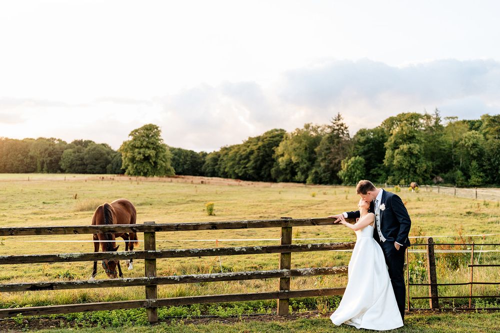 A wedding couple walks through golden countryside pastures with horses and wooden fences creating a romantic rustic scene.