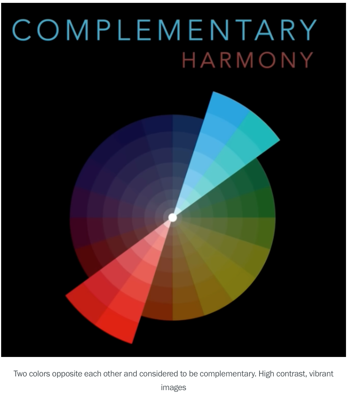 A color wheel showing complementary harmony with highlighted segments of blue and red in opposite positions.