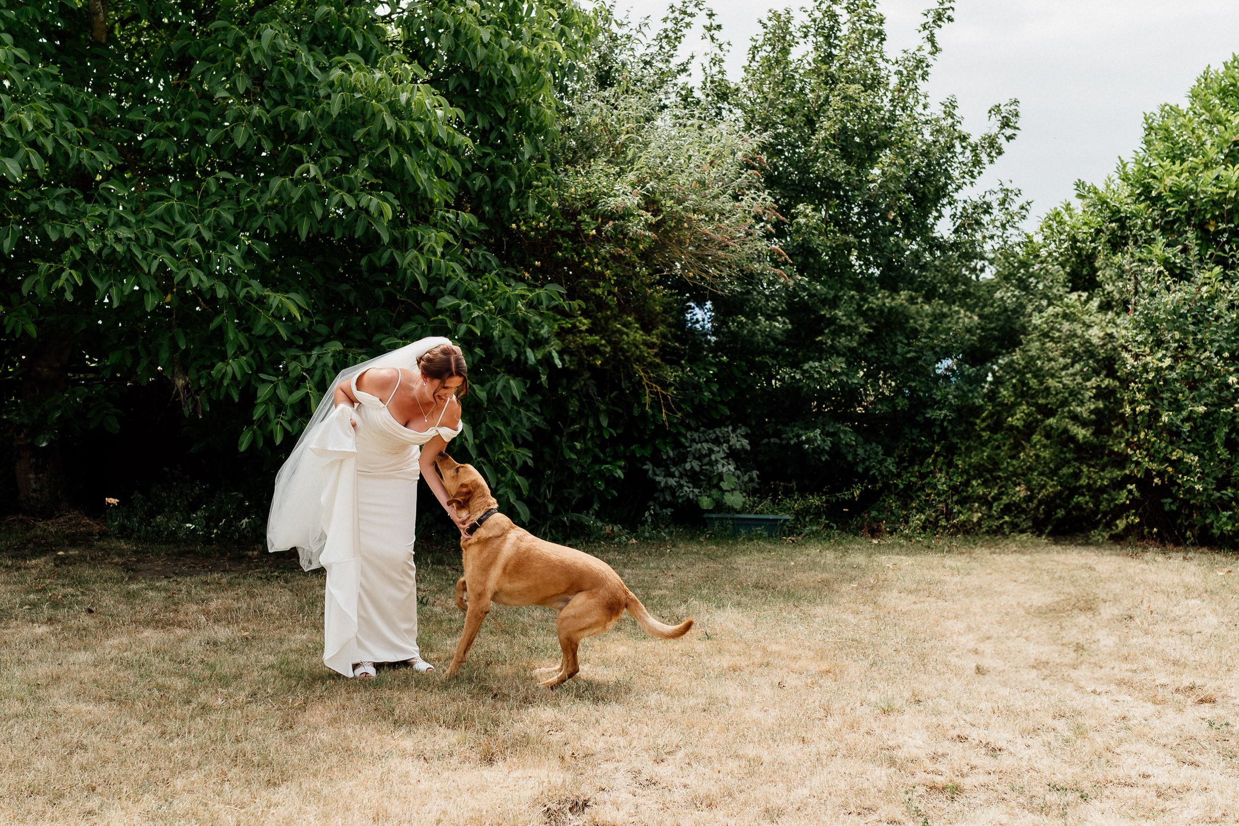 A person in a white wedding dress dances playfully with a brown dog in an outdoor setting surrounded by trees.