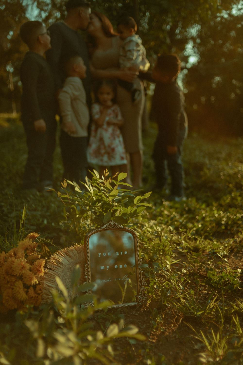 Mirror in the grass trend with family in the background
