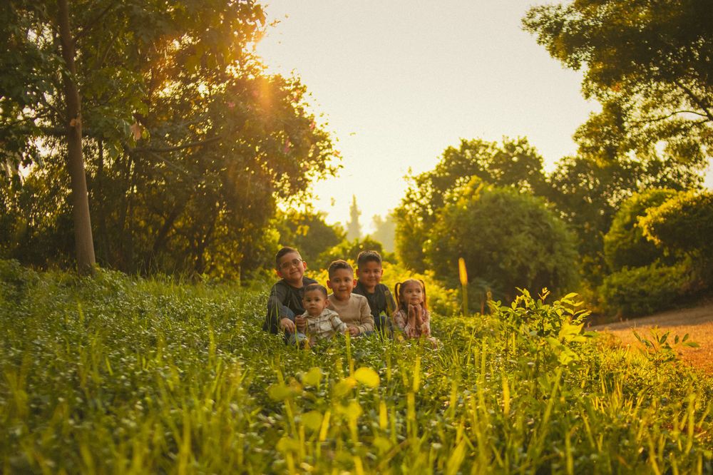 Photo of family in the grass with the sunshine behind them