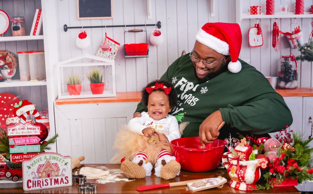 A collection of festive Christmas photos showing people in Santa hats celebrating with holiday decorations and gifts.