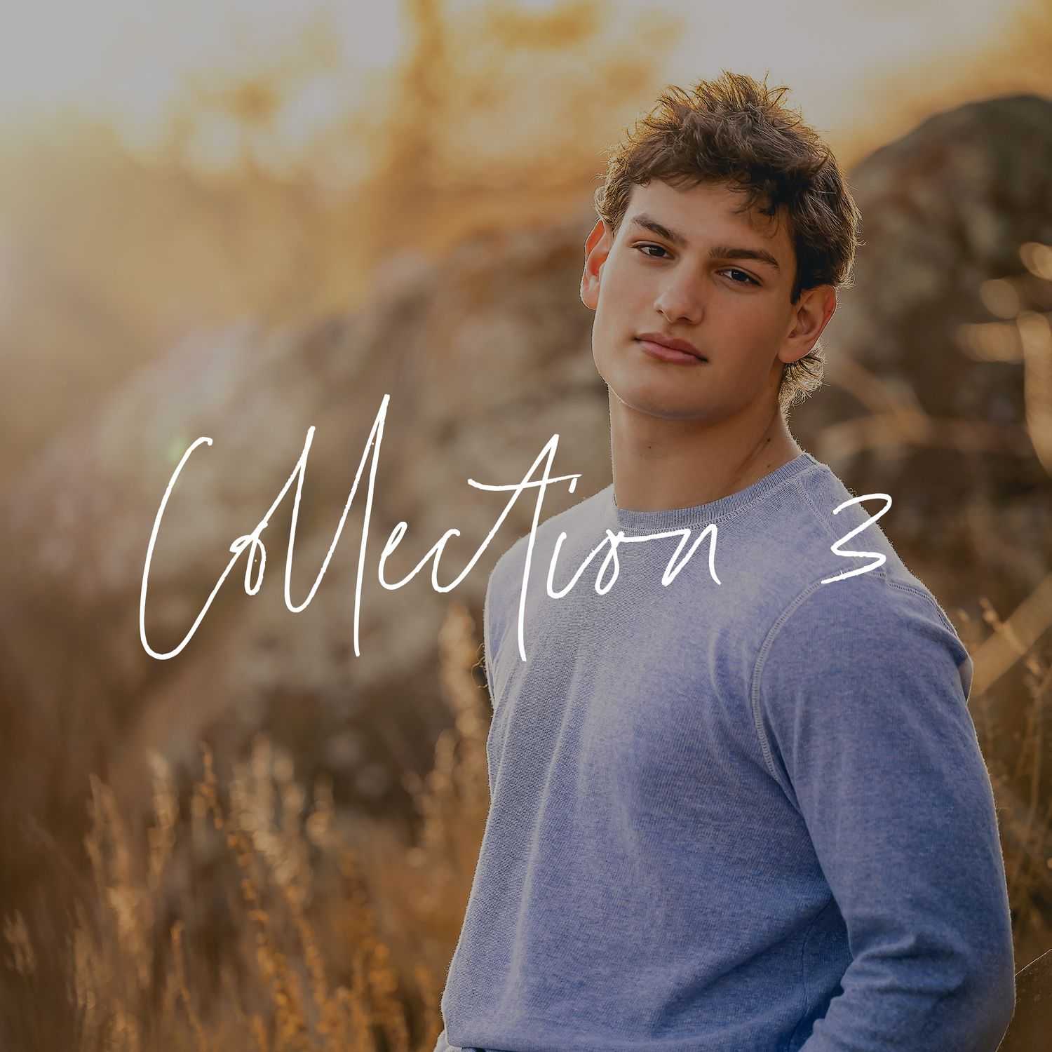Moody outdoor portrait in warm tones with handwritten text.