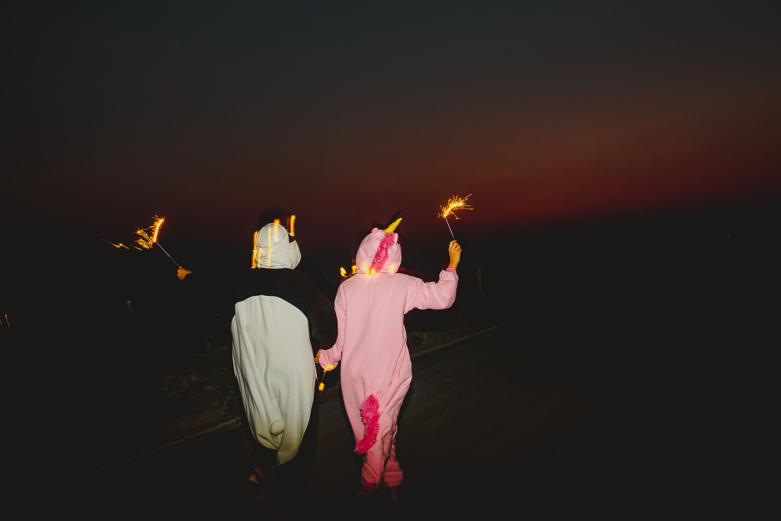 Two figures in animal onesies holding sparklers against a dark sky.