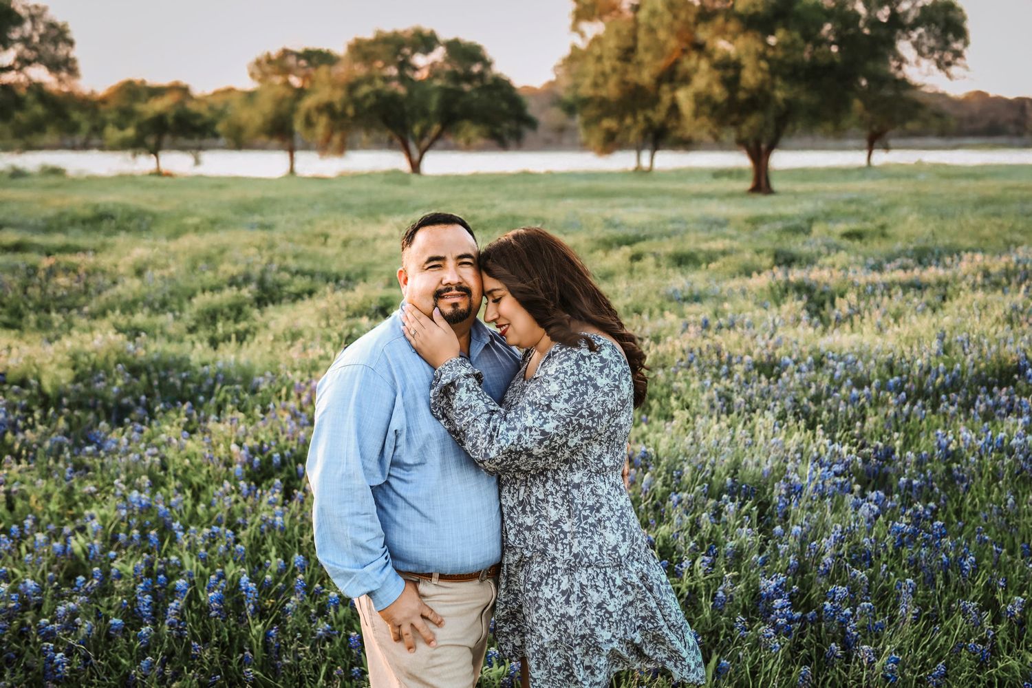 Ennis Bluebonnet Trail engagement session with wildflowers, water views, and Texas springtime charm