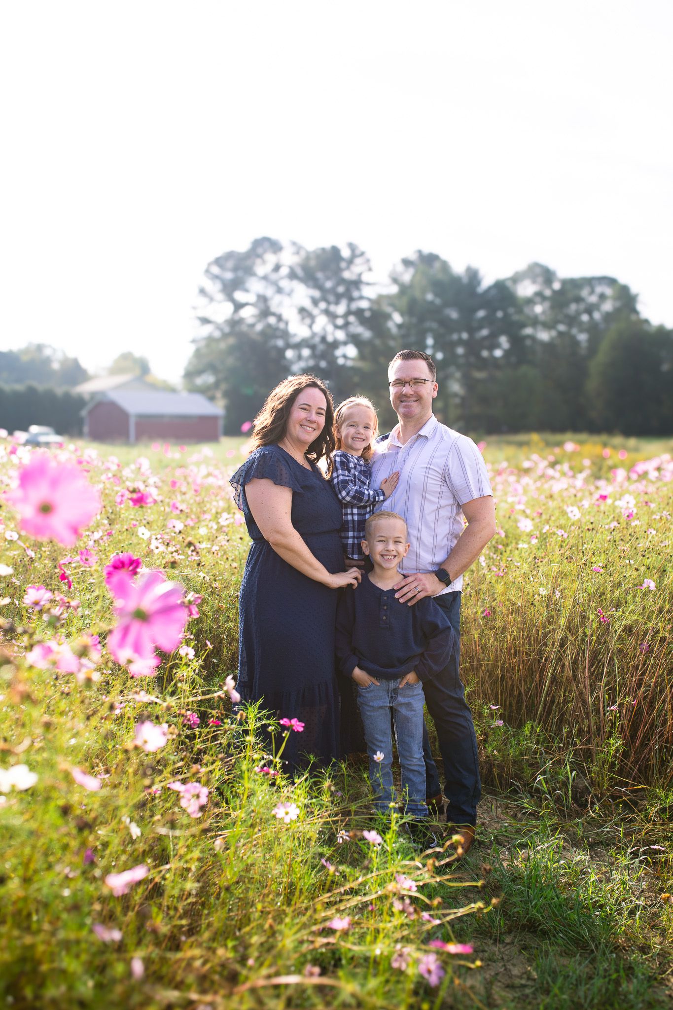 A family shares tender moments together in a vibrant wildflower field during sunset, surrounded by pink cosmos blooms.