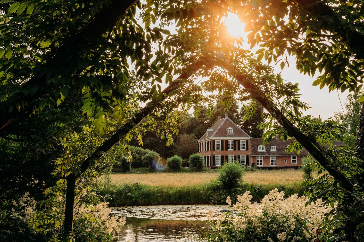 A grand mansion viewed through tree branches at sunset with sunlight filtering through leaves over a tranquil pond.