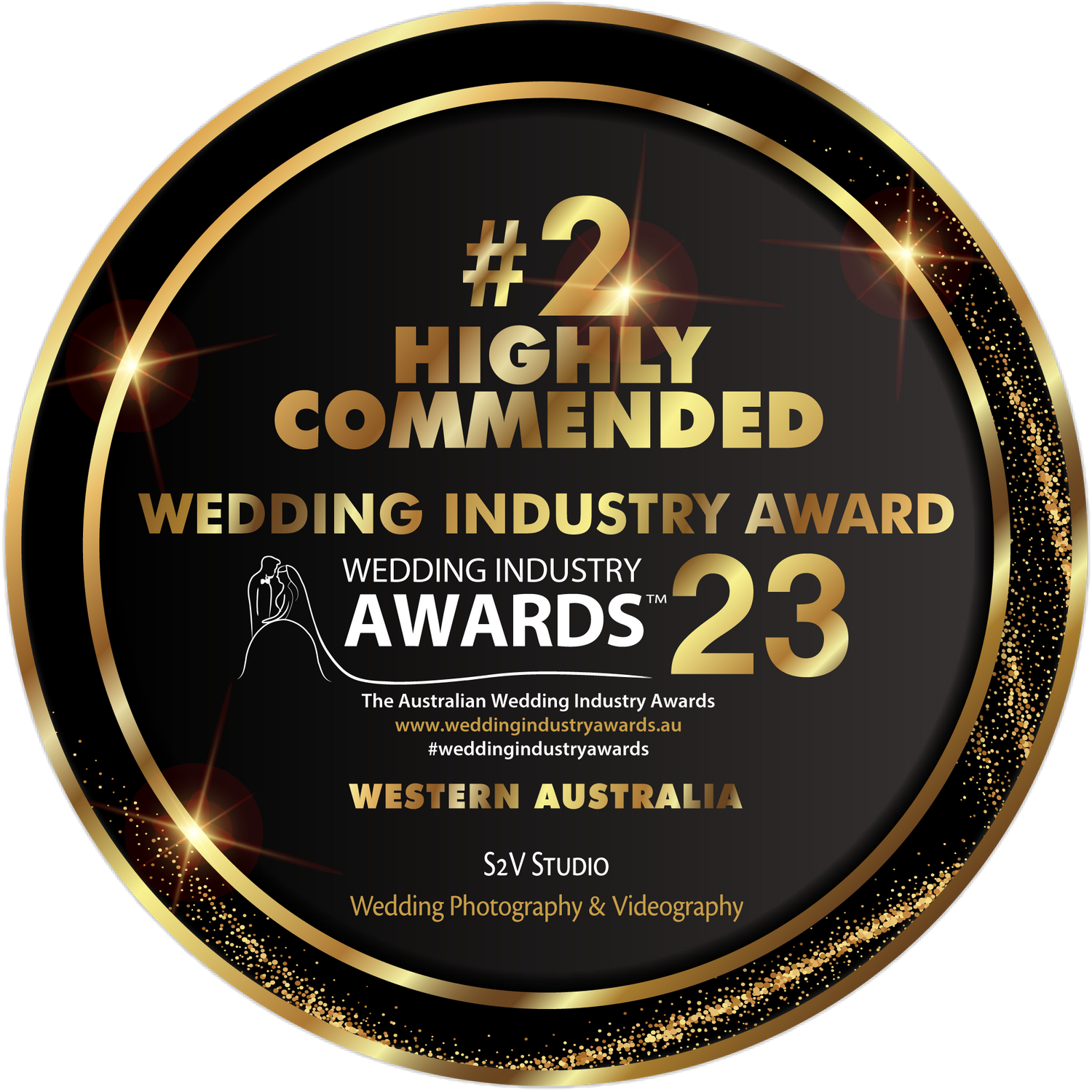 Black and gold circular award badge for highly commended wedding industry achievement.