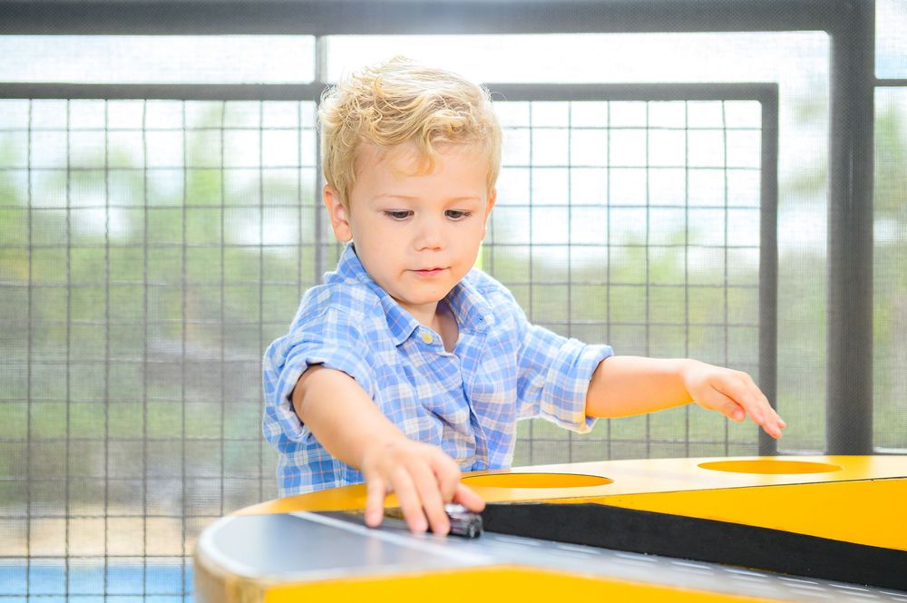 A young child in a blue plaid shirt reaches to play with a toy at a window.