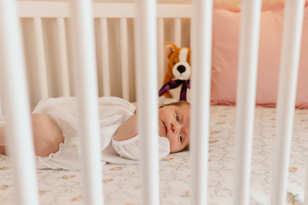A stuffed fox toy sits beside a sleeping baby in a white crib.