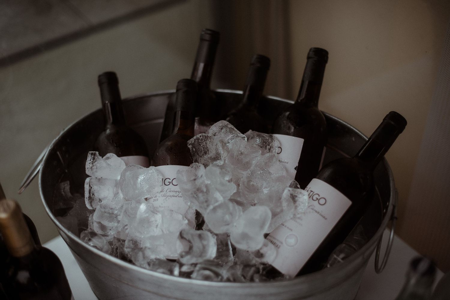 Wine bottles chilling in ice bucket at wedding reception.