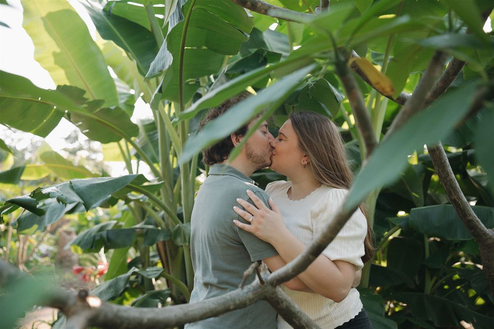 A romantic moment shared between two people embracing among lush green banana or plantain leaves in natural lighting.