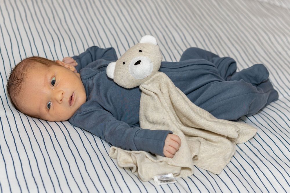 Baby in navy outfit lying on striped bedding with small white plush toy during a newborn photo shoot outside of Boston, MA in Sudbury.