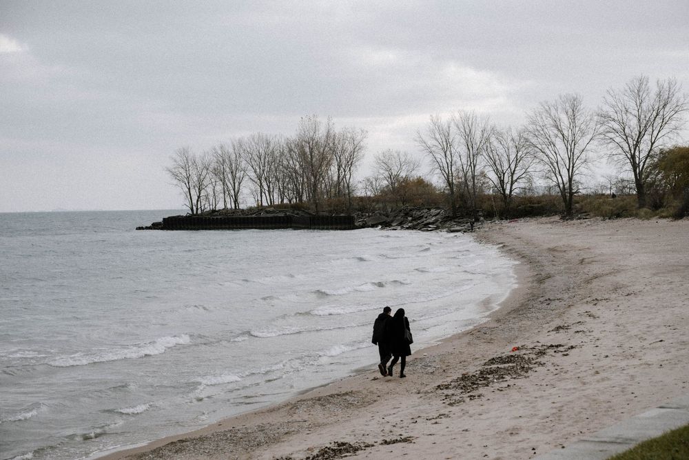 Two silhouettes walk along a curved beach shoreline with bare trees and cloudy skies on a moody winter day.