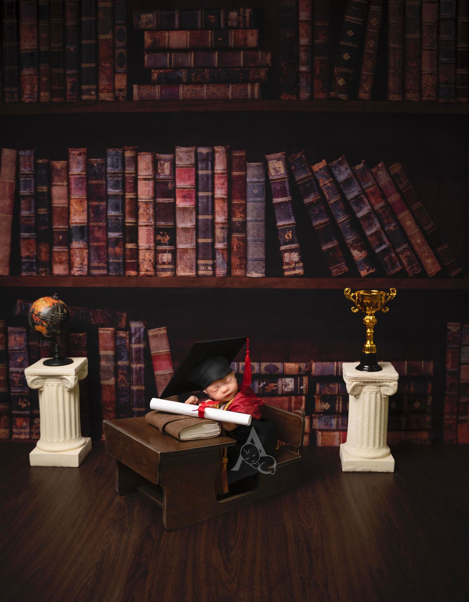 Classic library setting with antique books, pillars, diploma and trophy against dark wooden background.
