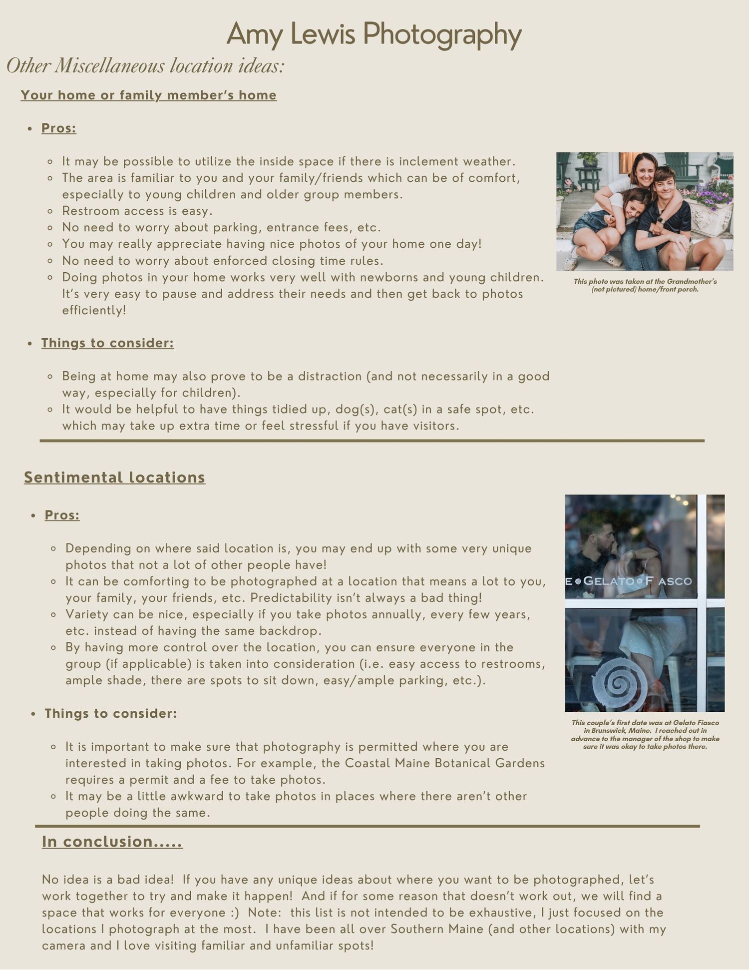 Southern Maine Portrait Photography location guide pages showing tips and rules for shooting photos at various parks and public spaces.