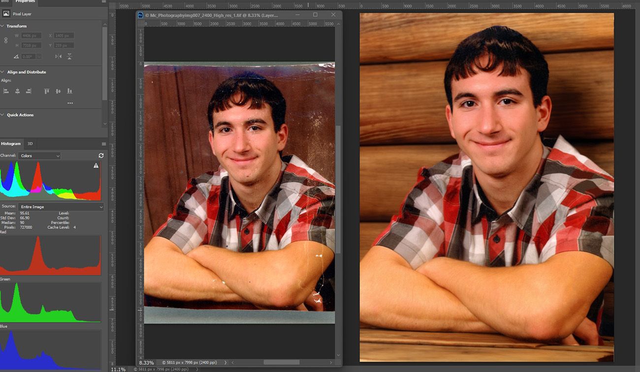 Before and after photo retouching comparison showing adjustments in exposure and color in a studio portrait.