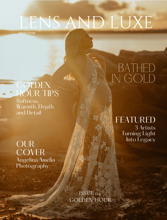 Photography magazine cover showing silhouette of a figure in flowing dress against golden sunlight with 'Lens and Luxe' title.