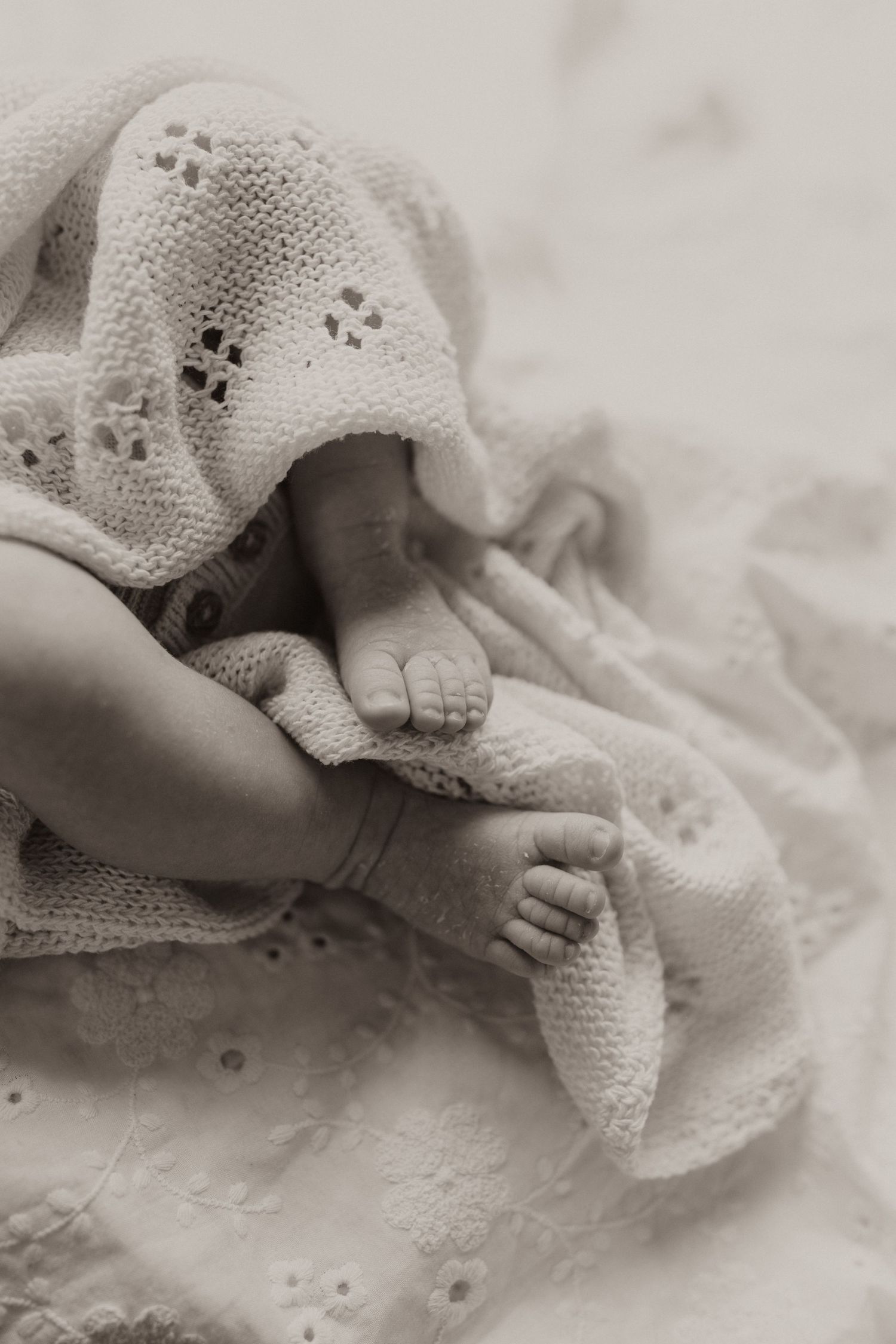 A series of black and white close-up photographs showing tiny baby feet wrapped in delicate knit blankets.