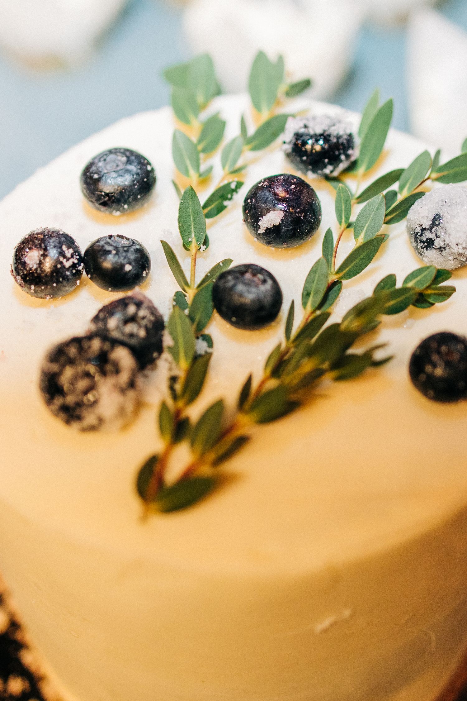 Close-up view of fresh blueberries and green herbs decorating the edge of a white frosted cake.