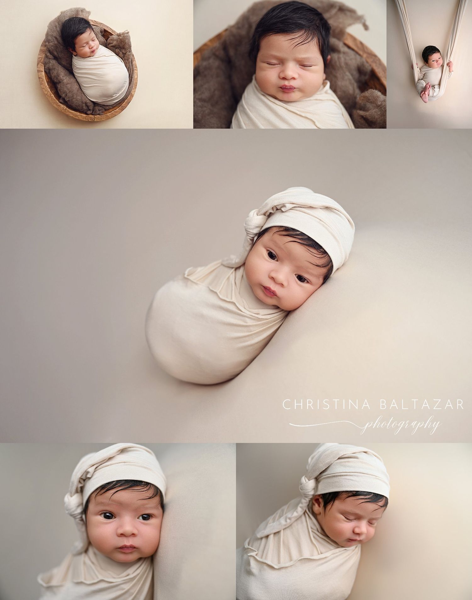Collage of delicate newborn photographs showing peaceful sleeping baby wrapped in soft cream & wearing a cap. Hanford Newborn Photographer