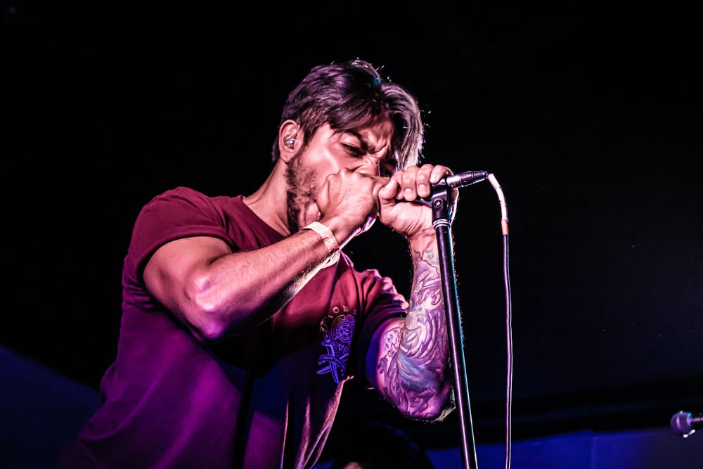 Performer singing emotionally into microphone during concert in purple lighting.