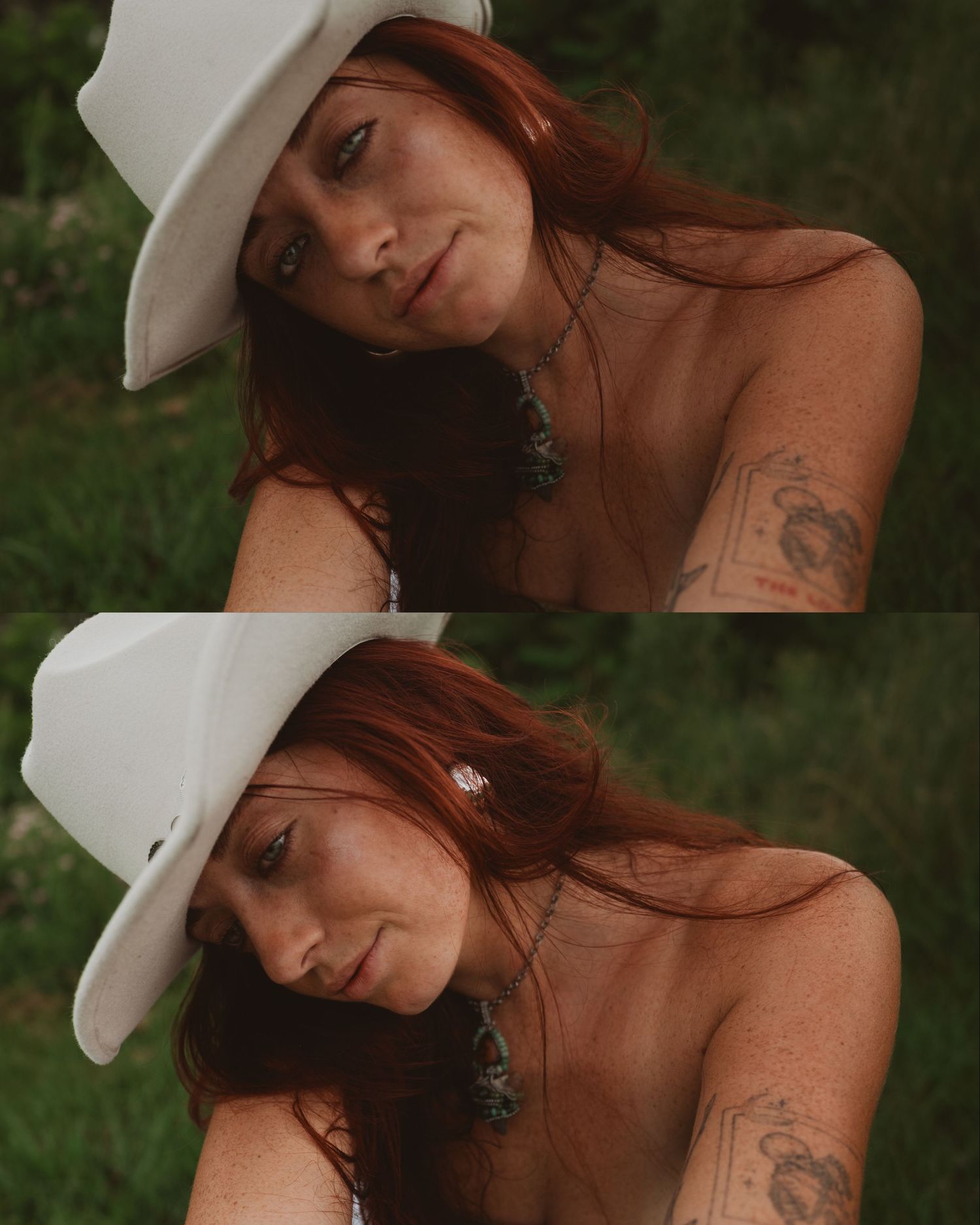 A woman poses in nature wearing a cowboy hat with greenery in the background.