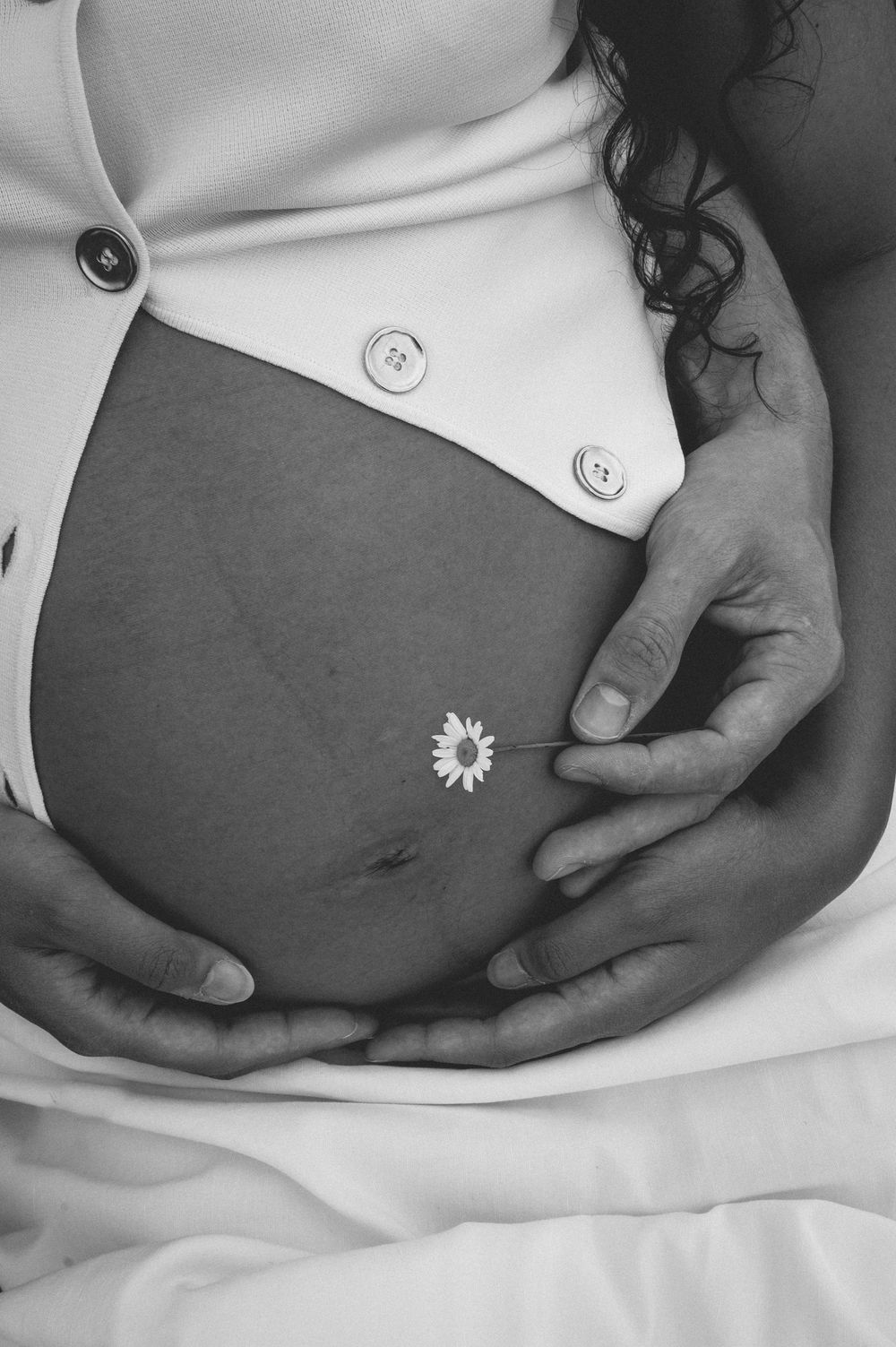 A black and white photograph captures multiple stages of a growing pregnancy belly with a small daisy flower placed on it.