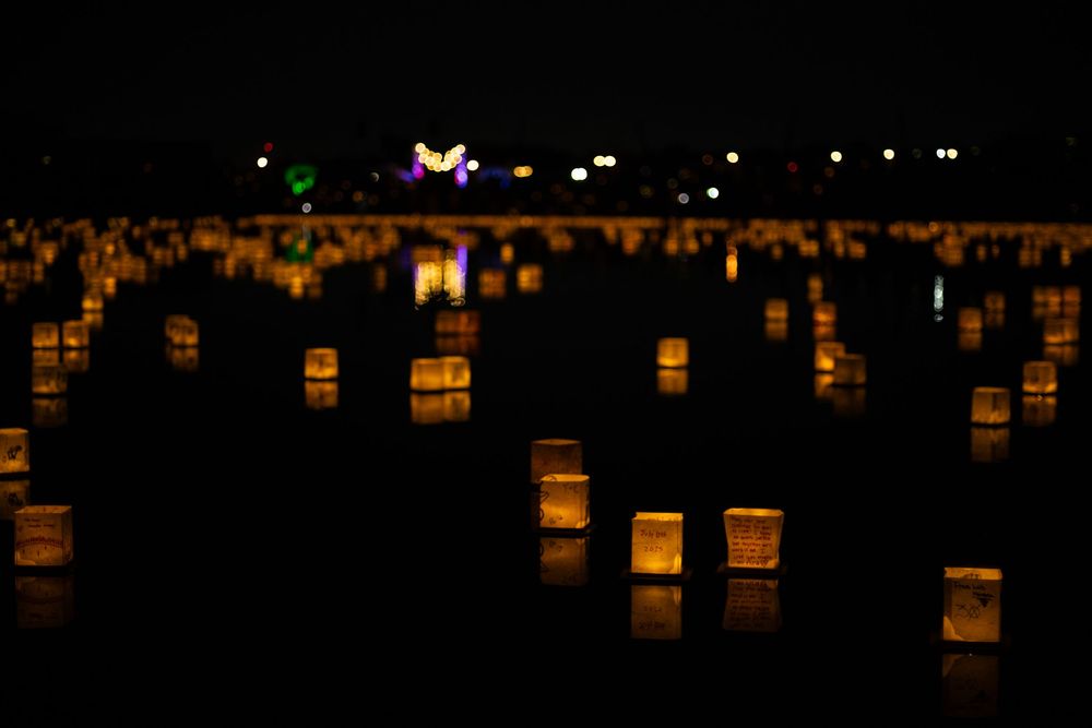 Illuminated paper lanterns line up in rows at night creating a peaceful glowing display against the dark background.