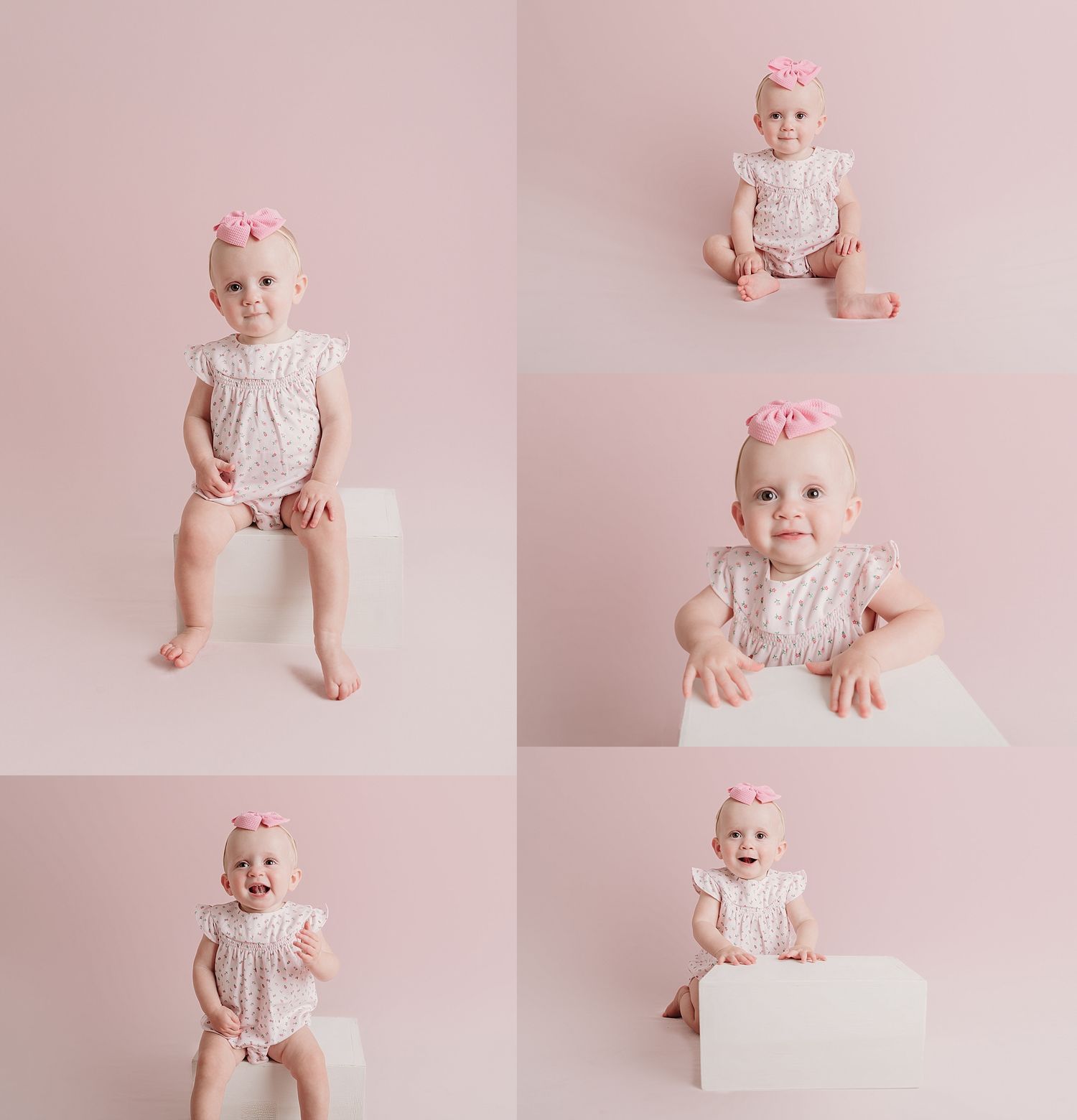 A collection of five professional baby portraits against a pink background showing various seated poses in white clothing.