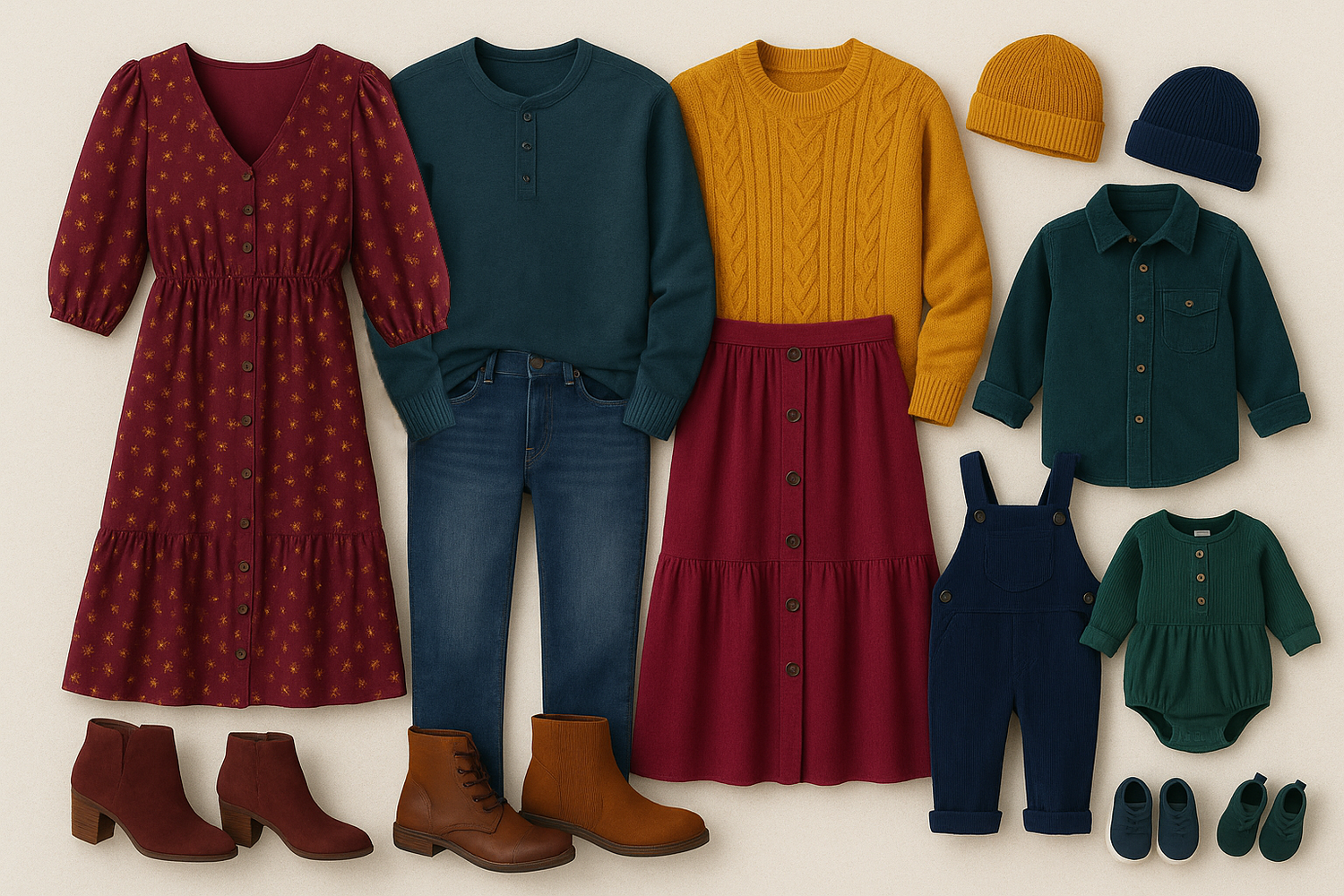 Fall fashion flatlay featuring burgundy dresses, teal cardigans, mustard sweaters, brown boots and navy leggings.