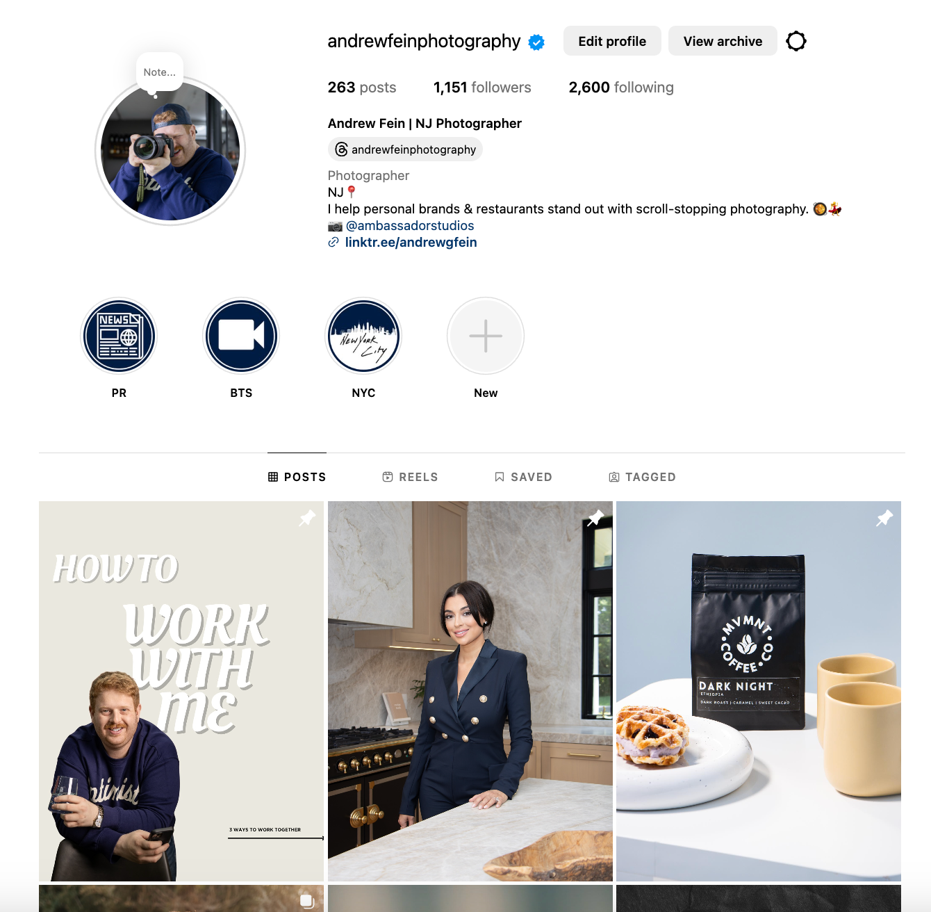 Professional photographer's Instagram gallery featuring business and product photos mixed with lifestyle content.