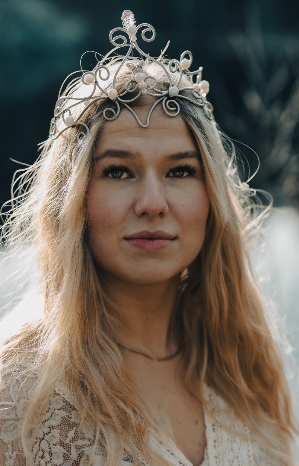 Delicate silver crown adorns flowing blonde hair against soft natural lighting.