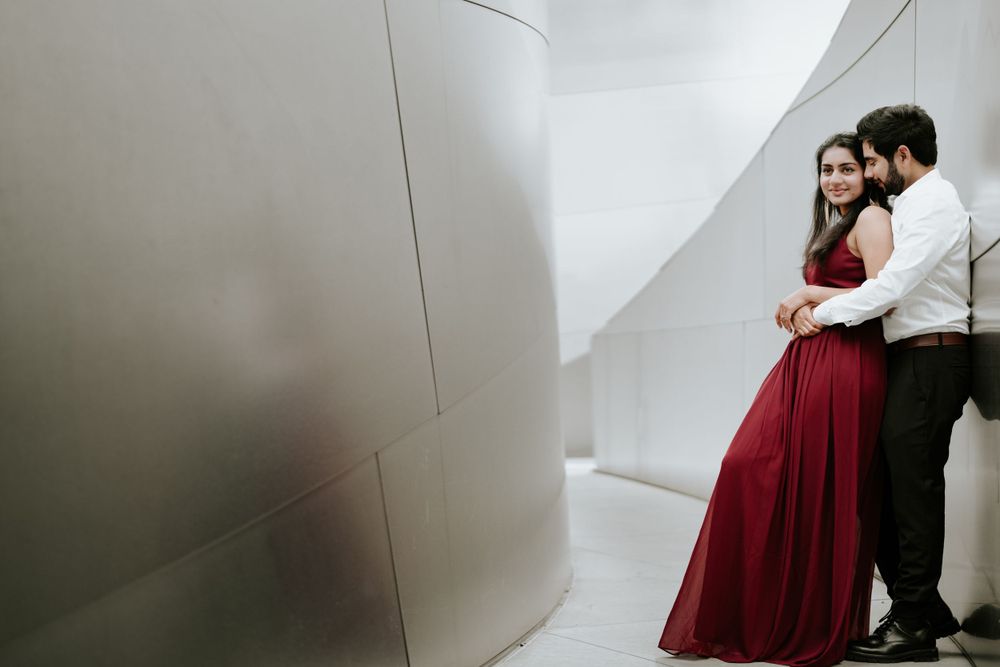 Indian couple's photoshoot at Walt Disney Concert Hall in Los Angeles, captured by a Dallas Indian wedding photographer.
