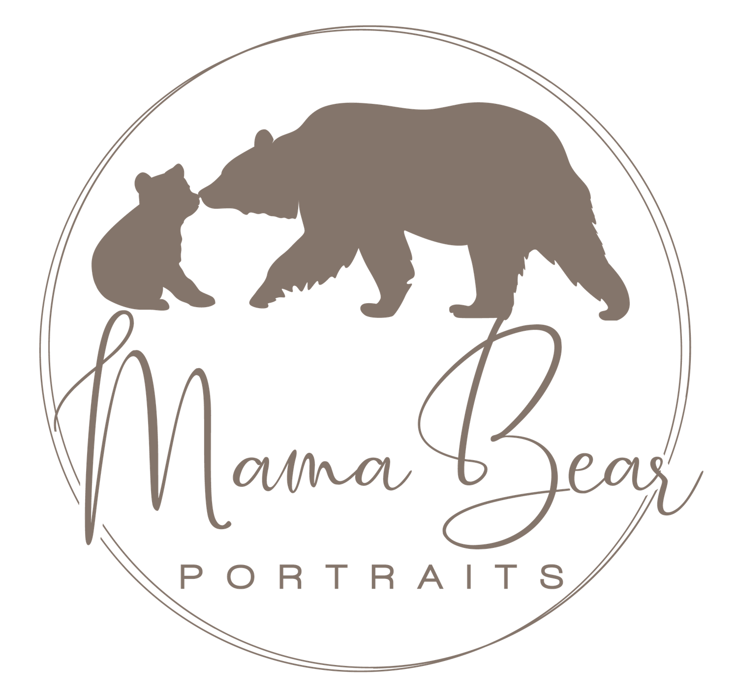 Brown circular logo featuring silhouettes of mama bear and cub with stylish script text.