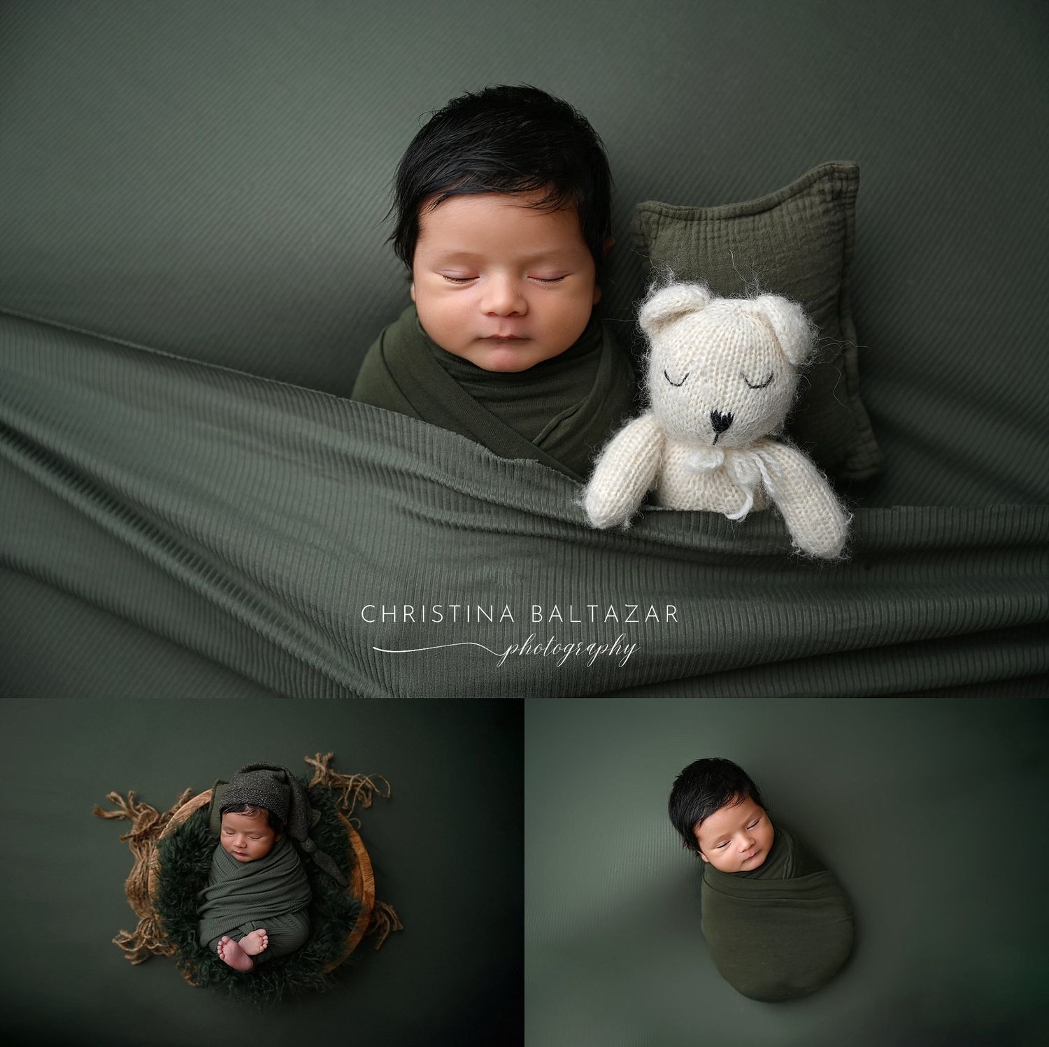 Peaceful newborn swaddled in dark green fabric resting next to white plush teddy bear in studio photography session. Fresno Newborn Photos